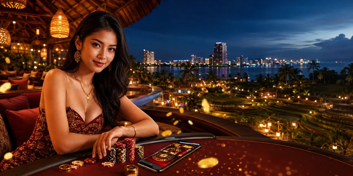 Model perempuan tersenyum santai menikmati permainan dengan bijak di depan layar