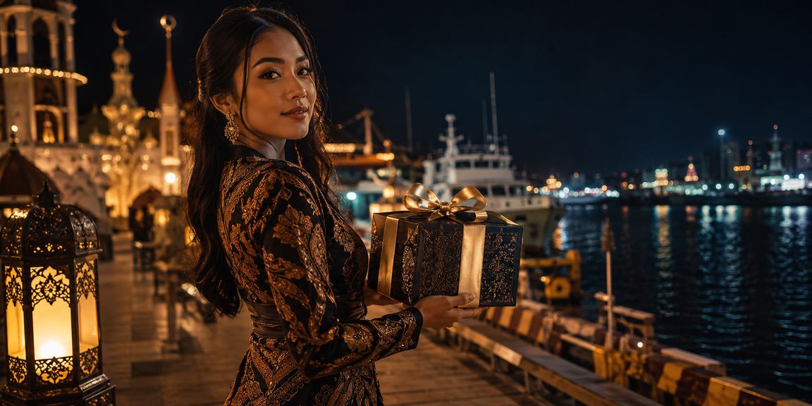 Model perempuan memegang amplop merah simbol bonus dan hadiah festival