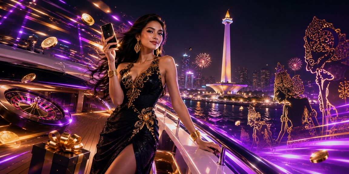 Layar ponsel dengan tampilan neon kasino online yang berwarna-warni di malam hari
