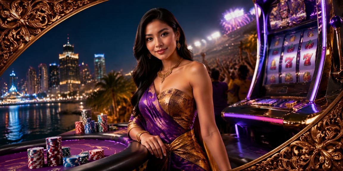 Model perempuan bermain slot online dengan ekspresi antusias dan layar neon